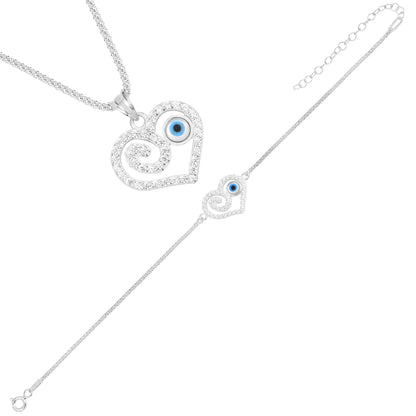 925 Sterling Silver Evil Eye Heart Necklace Bracelet Jewellery Set