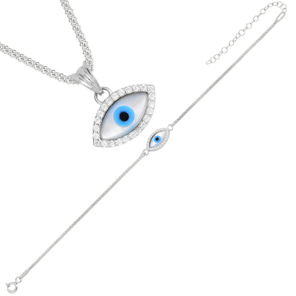 925 Sterling Silver Evil Eye Necklace Bracelet Jewellery Set