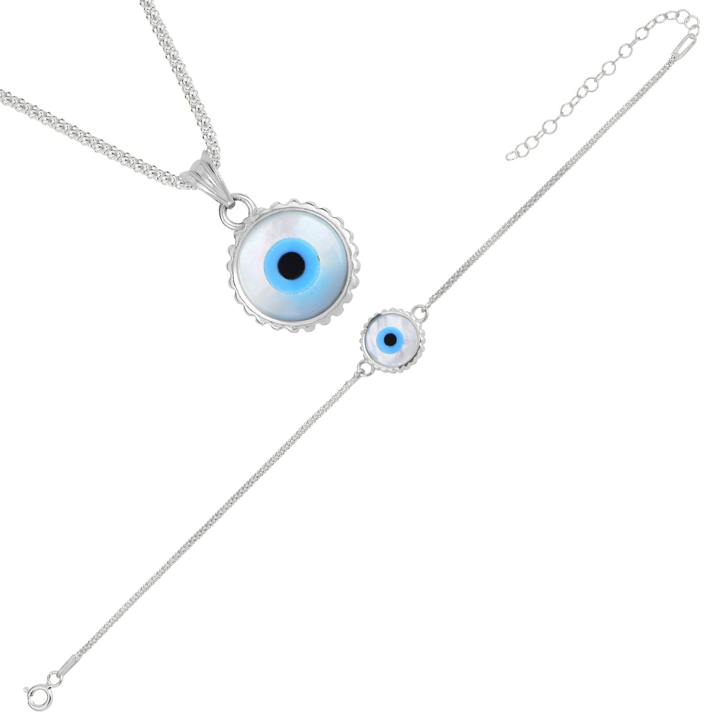 925 Sterling Silver Evil Eye Necklace Bracelet Jewellery Set