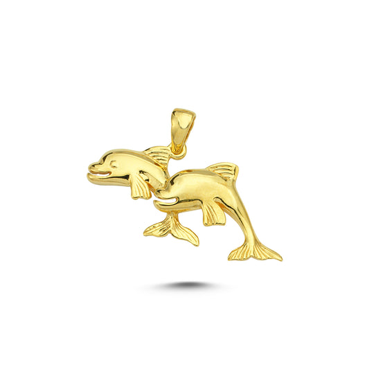 14K Gold Double Dolphin Animal Charm Necklace