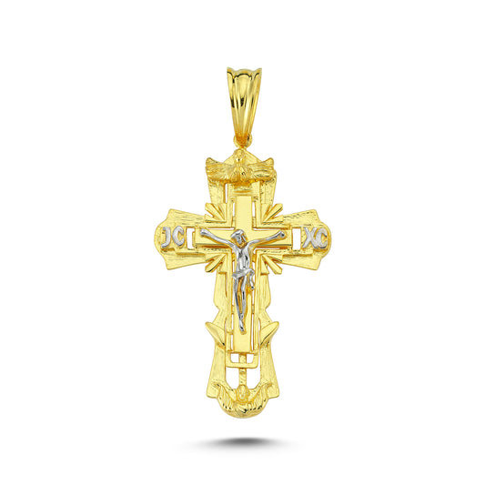 14K Yellow and White Gold Big Cross Charm Necklace