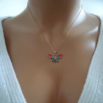 14K Rose Gold Blue Red Butterfly Necklace