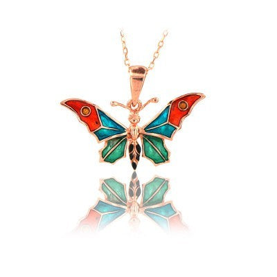 14K Rose Gold Blue Red Butterfly Necklace