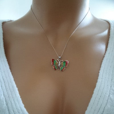 14K Rose Gold Green Red Butterfly Necklace