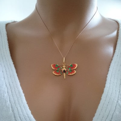 14K Rose Gold Green Red Butterfly Necklace