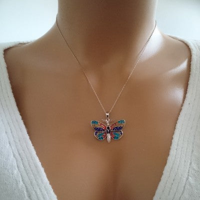 14K Rose Gold Red Blue Butterfly Necklace