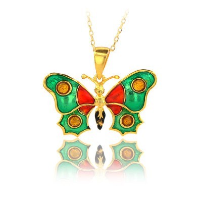 14K Rose Gold Red Green Butterfly Necklace