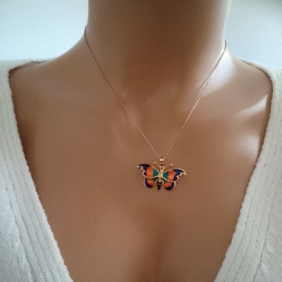 14K Rose Gold Red Green Butterfly Necklace