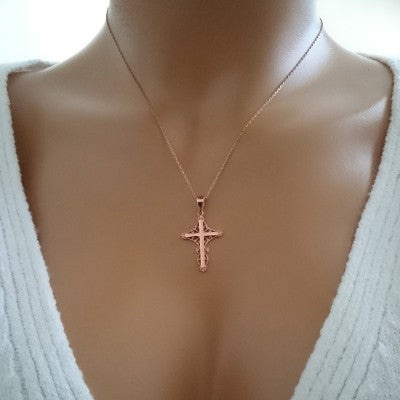 14K Solid Gold Cross Charm Necklace