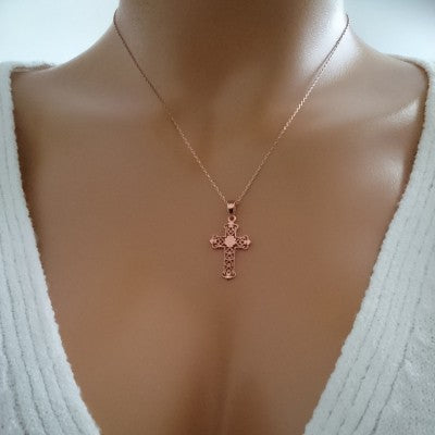 14K Solid Gold Cross Charm Necklace