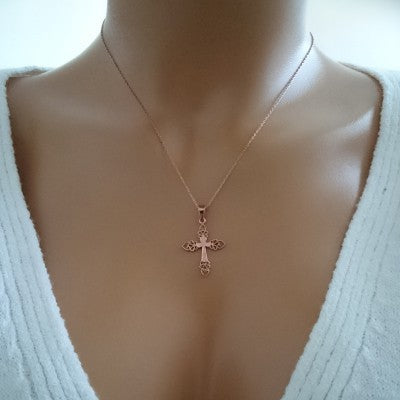 14K Solid Gold Cross Charm Necklace