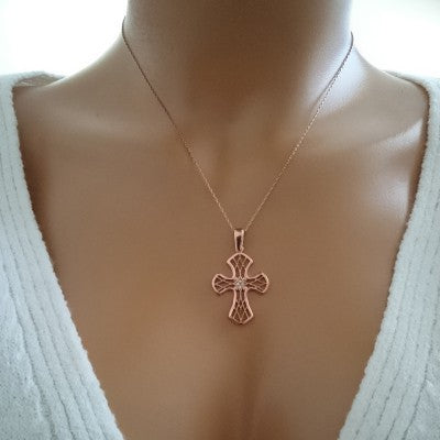 14K Solid Gold Cross Charm Necklace