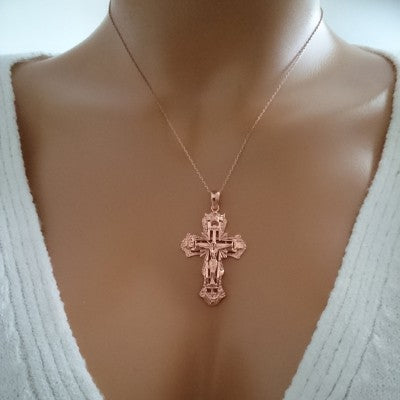 14K Solid Gold Cross Crucifix Charm Necklace