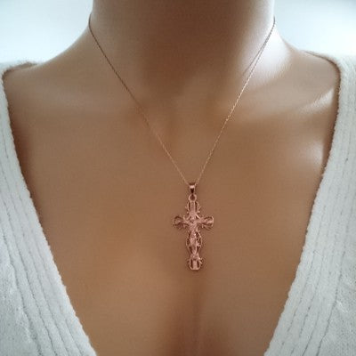 14K Solid Gold Cross Crucifix Charm Necklace