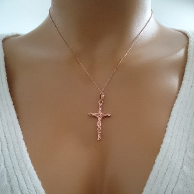 14K Solid Gold Cross Crucifix Charm Necklace