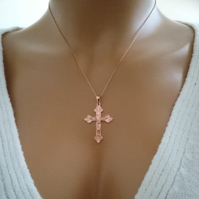 14K Solid Gold Cross Crucifix Charm Necklace