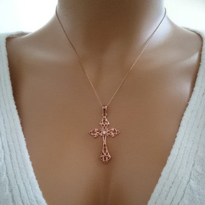 14K Solid Gold Cross Crucifix Charm Necklace