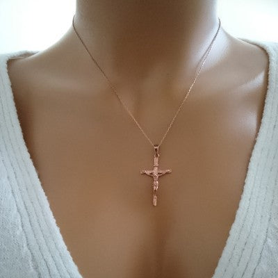 14K Solid Gold Cross Crucifix Charm Necklace