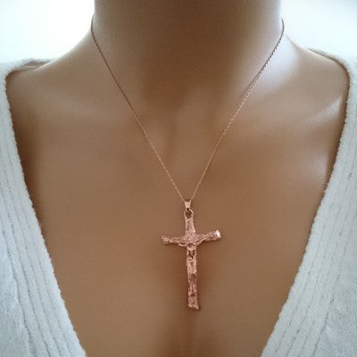 14K Solid Gold Cross Crucifix Charm Necklace