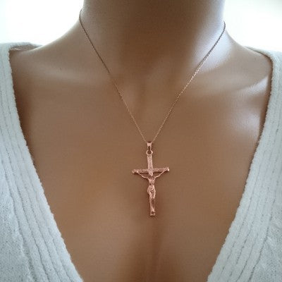 14K Solid Gold Cross Crucifix Charm Necklace