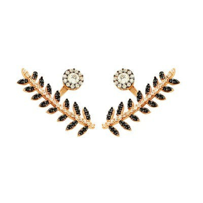 14K Solid Gold Drop Stud Leaf Cuf Earring