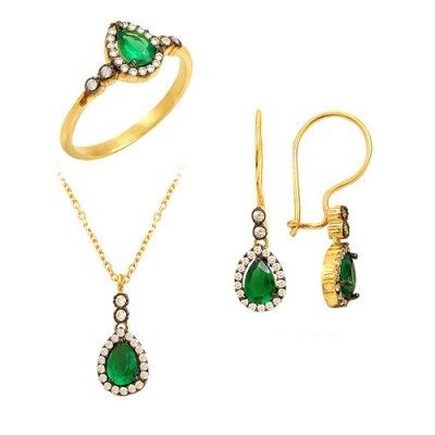 14K Solid Gold Gemstone Cz Drop Emerald Set