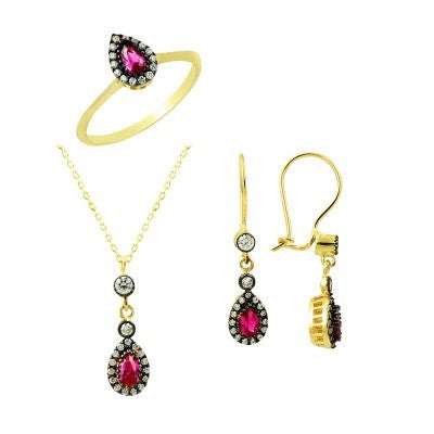 14K Solid Gold Gemstone Cz Drop Ruby Set