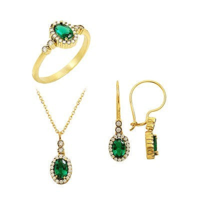 14K Solid Gold Gemstone Cz Emerald Set