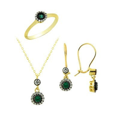 14K Solid Gold Gemstone Cz Emerald Set