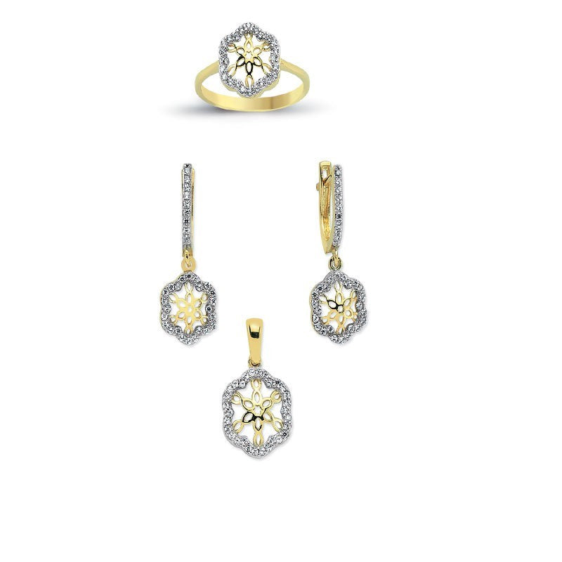 14K Solid Gold Gemstone Cz Flower Set