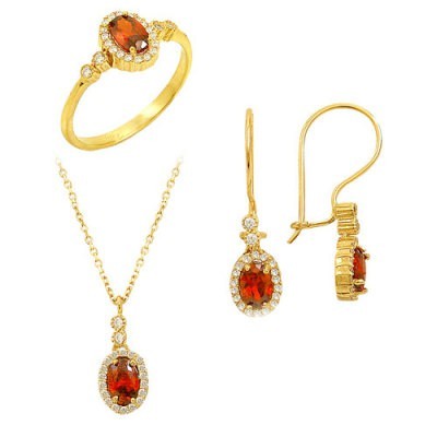 14K Solid Gold Gemstone Cz Garnet Set