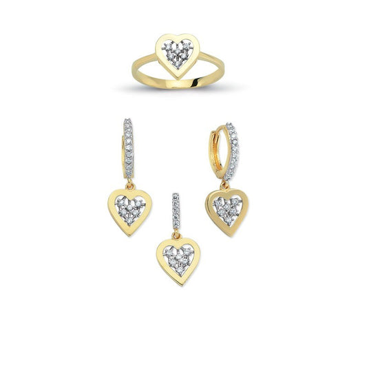 14K Solid Gold Gemstone Cz Love Heart Set