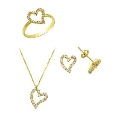 14K Solid Gold Gemstone Cz Love Heart Set