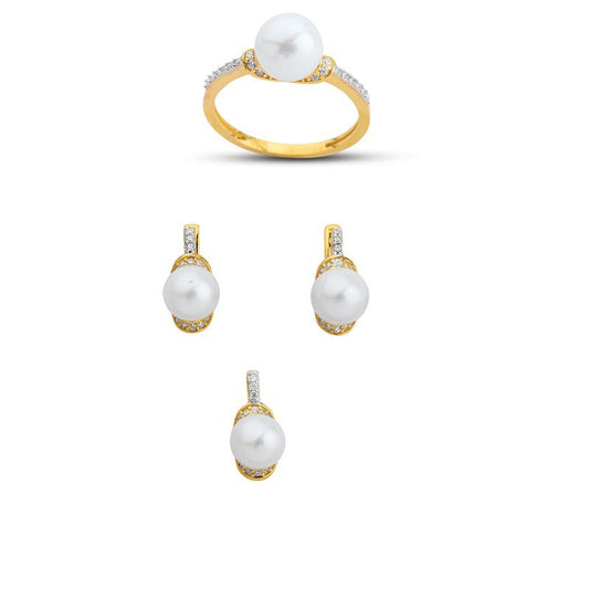 14K Solid Gold Gemstone Cz Pearl Stone Set