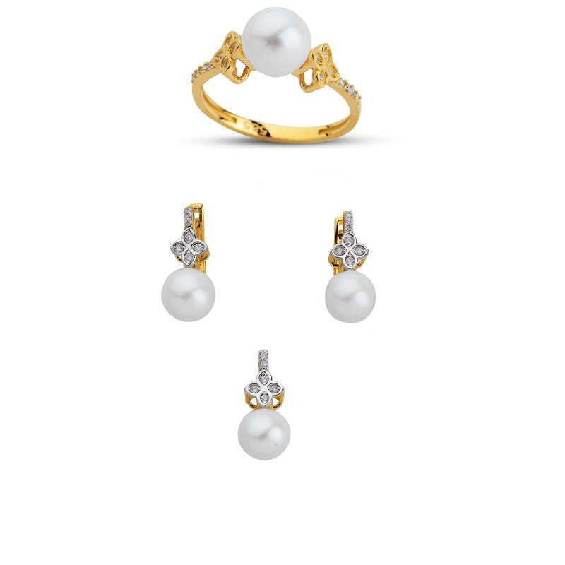 14K Solid Gold Gemstone Cz Pearl Stone Set