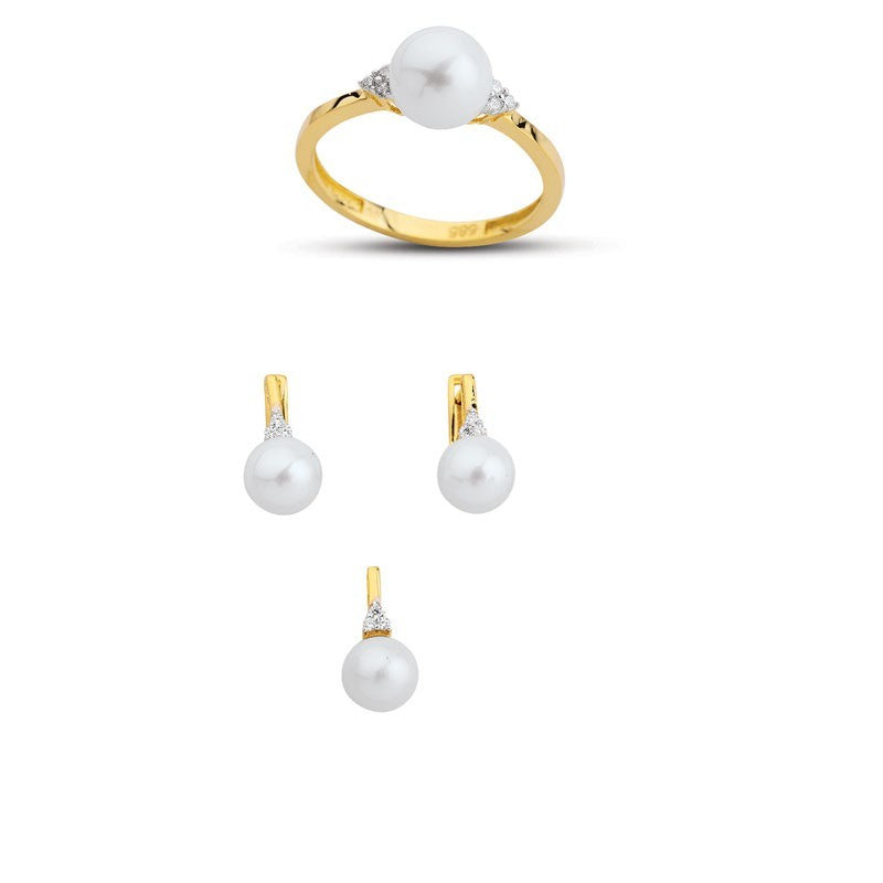 14K Solid Gold Gemstone Cz Pearl Stone Set