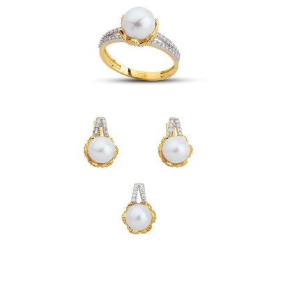 14K Solid Gold Gemstone Cz Pearl Stone Set