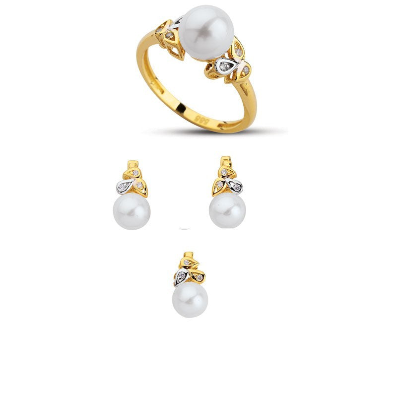 14K Solid Gold Gemstone Cz Pearl Stone Set