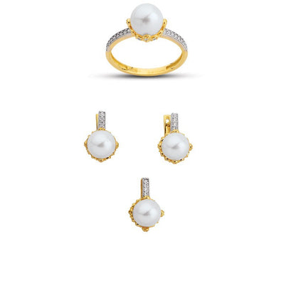 14K Solid Gold Gemstone Cz Pearl Stone Set