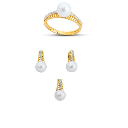 14K Solid Gold Gemstone Cz Pearl Stone Set