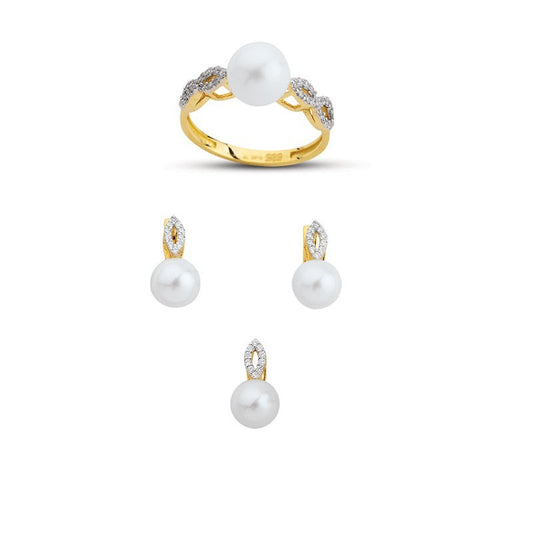 14K Solid Gold Gemstone Cz Pearl Stone Set