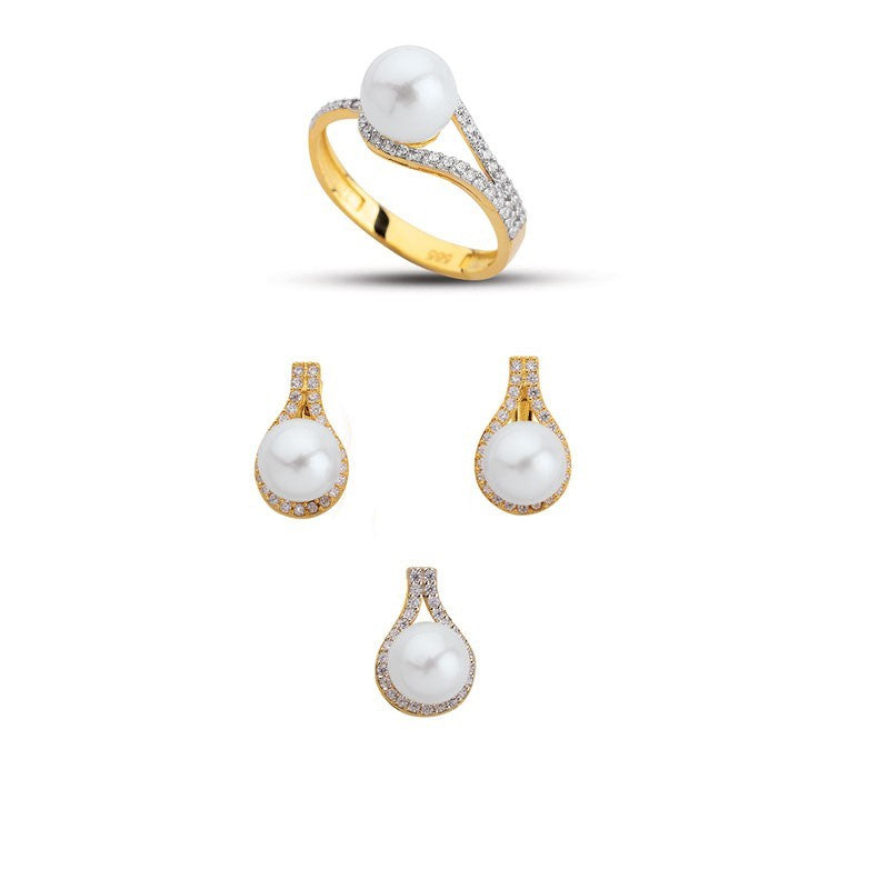 14K Solid Gold Gemstone Cz Pearl Stone Set