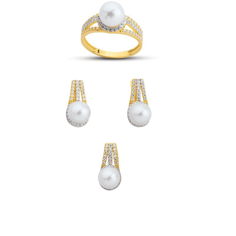 14K Solid Gold Gemstone Cz Pearl Stone Set