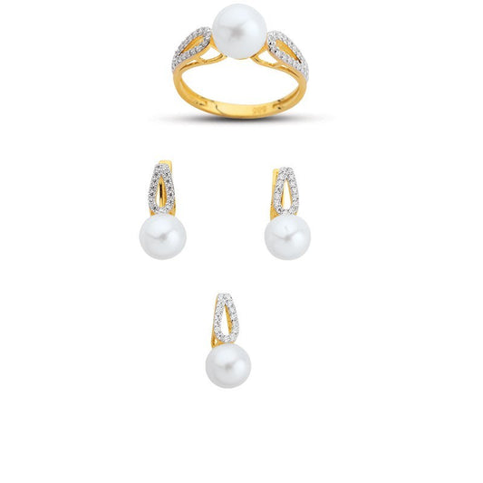 14K Solid Gold Gemstone Cz Pearl Stone Set