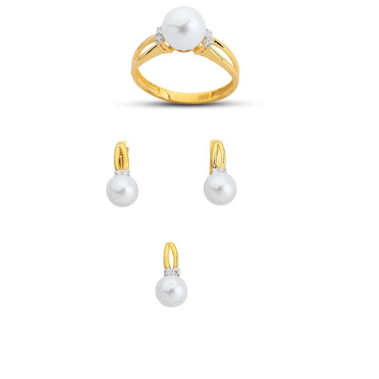 14K Solid Gold Gemstone Cz Pearl Stone Set