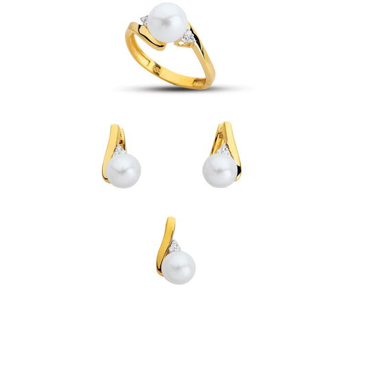 14K Solid Gold Gemstone Cz Pearl Stone Set