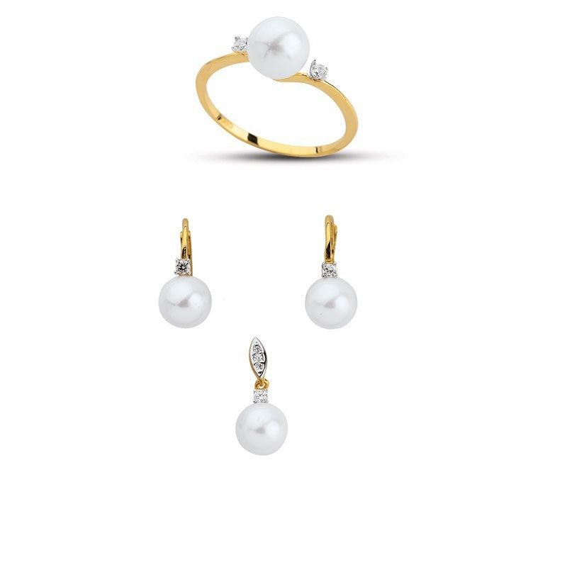 14K Solid Gold Gemstone Cz Pearl Stone Set