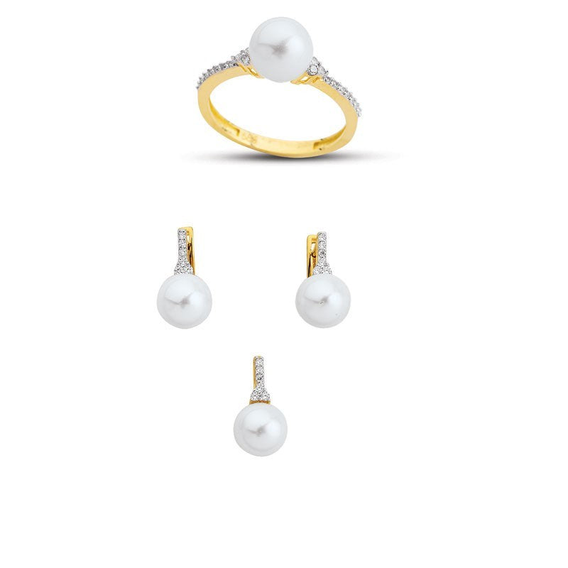 14K Solid Gold Gemstone Cz Pearl Stone Set