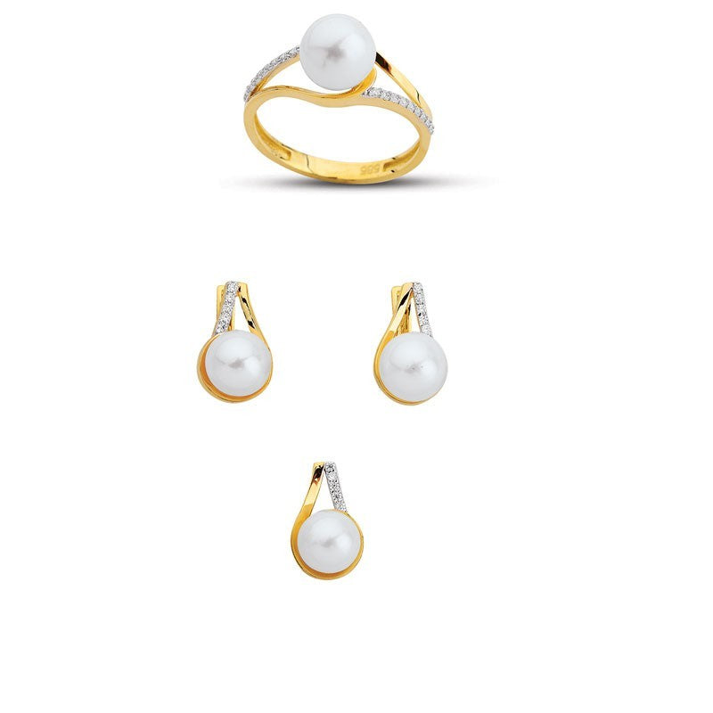 14K Solid Gold Gemstone Cz Pearl Stone Set