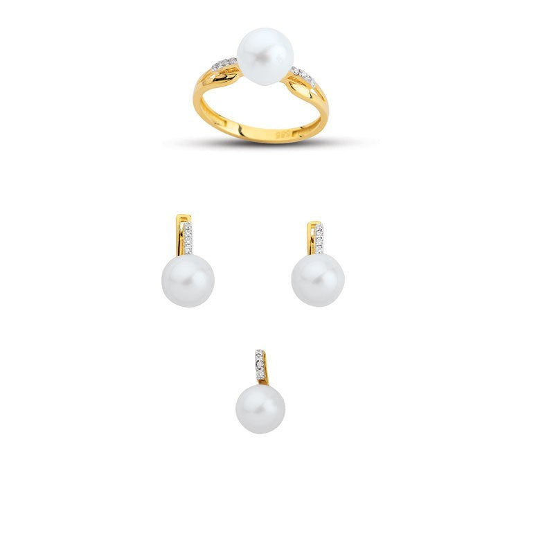 14K Solid Gold Gemstone Cz Pearl Stone Set